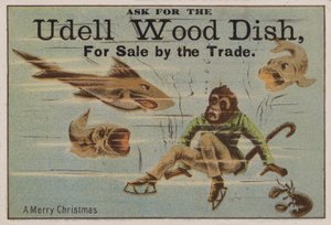 Um feliz Natal, publicidade em cartão de comércio de pratos de madeira Udell de American School