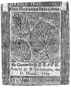 Uma nota de cem xelins impressa por B. Franklin e D. Hall, 1759 (impressão) de American School