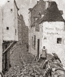 Uma rua na velha Paris do século XIX, da "The Century Illustrated Monthly Magazine", publicada em 1884 (gravura em madeira) de American School