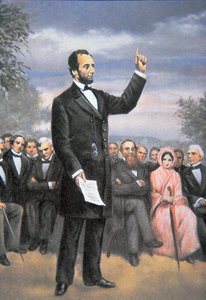 Abraham Lincoln (1809-65) entregando o endereço de Gettysburg em Gettysburg, Pennsylvania, Novembro 1863 (cor litho) de American School