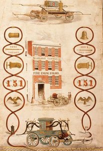 Anúncio para Abraham Vanness, construtor e fabricante de equipamento de combate a incêndios, pub. por Geo. G. Gratacap, Nova York, c.1850 (litho) de American School