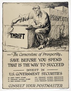 Anúncio de obrigações do Tesouro dos EUA, "A pedra angular da prosperidade", pub.1921 (litografia) de American School