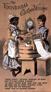 Anúncio para o "Universal Clothes Wringer" com uma criada negra, final do século XIX (gravação a cores) de American School