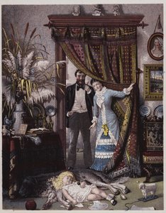 Casal americano a olhar para a sua filha a dormir em cima do cão (litografia a cores) de American School