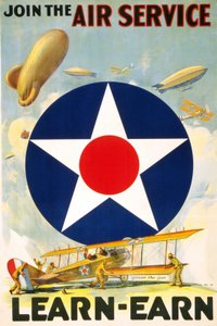 Cartaz americano "Join the Air Service Learn - earn." editado entre 1917 e 1920. de American School