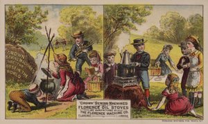 Máquinas de costura de publicidade de cartão comercial americano e fogões a óleo fabricados pela Florence Machine Company, Massachusetts, c1880s de American School