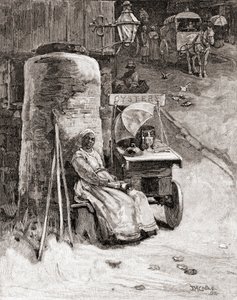 Uma vendedora de ostras com o seu carrinho perto do estaleiro naval de Washington, Washington D.C., no século XIX, da "The Century Illustrated Monthly Magazine", publicada em 1884 (gravura) de American School