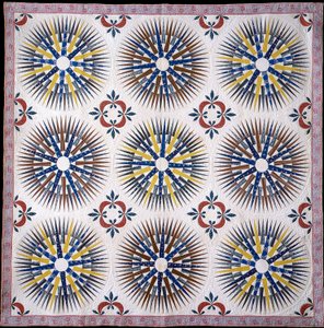 Applique and Pieced Mariner&39;s Compass and Hickory Leaf Quilt, c.1860 (algodão) de American School