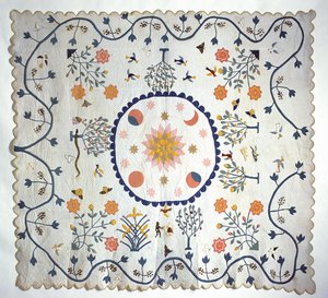 Applique quilt com sol, lua, estrelas e o jardim do Éden, do Arkansas, c.1850-80 (algodão) de American School