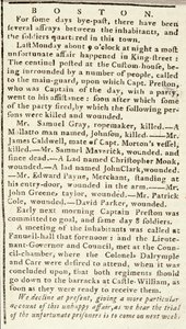Artigo do Boston Chronicle detalhando os eventos do Massacre de Boston, 5 de março de 1770 (papel de jornal) de American School