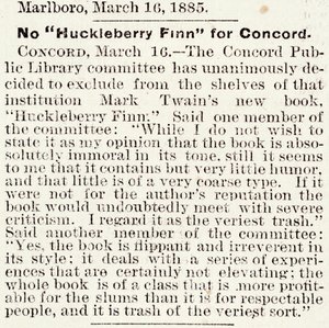 Artigo no Boston Daily Globe sobre o banimento do Huckleberry Finn em Concord, Massachusetts, a partir de 16 de março de 1885 (papel de jornal) de American School