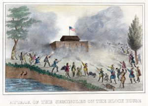 Ataque dos Seminoles à Casa do Bloco, pub. 1836 (gravura a cores) de American School