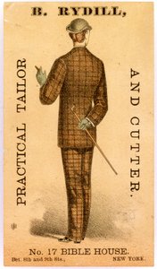 B. Rydill, Alfaiate e Cortador Prático, No. 17 Bible House, entre as ruas 8 e 9. New York., 1886 (litografia [cartão comercial]) de American School