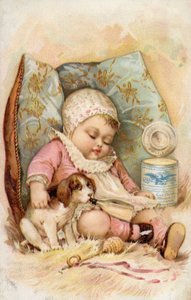 Bebê, com, filhote cachorro, bebendo, de, garrafa, anúncio, para, preservado, leite de American School