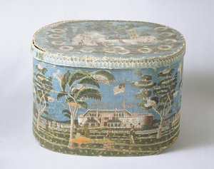 Bandbox coberto com papel impresso em bloco mostrando a vista do castelo, c.1835 (papelão e papel) de American School
