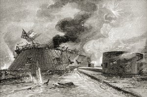 Batalha entre o Monitor e Merrimac em 1862, de "Uma Breve História dos Estados Unidos", publicado pela AS Barnes und Co. em 1885 de American School