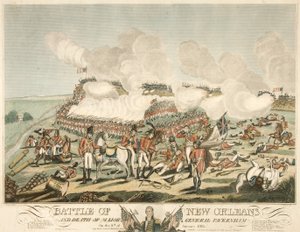 Batalha de Nova Orleans e morte do Major General Packenham no dia 8 de janeiro de 1815, pub. 1815 (gravura a cores) de American School