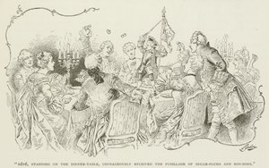 "Bebe, em pé na mesa de jantar, corajosamente recebeu a fusillade de sugar-plums e bonbons" de American School
