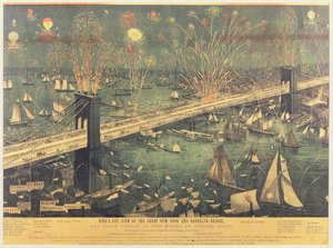 Visão panorâmica da grande ponte de Nova York e Brooklyn e a grande exposição de fogos de artifício na noite de abertura em 1883 de American School