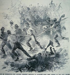 Tropas Negras do Exército da União trazem armas capturadas durante o cerco de Petersburgo (1864-65) (lito) de American School