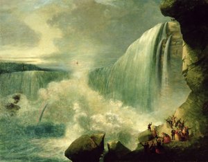 Blondin cruzando as Cataratas do Niágara em uma corda bamba, c.1859-60 de American School