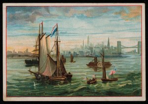 Barcos no porto de Nova Iorque, cartão de felicitações. (chromolitho) de American School