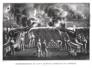 Bombardeio do forte Sumter, porto de Charleston do forte Moultrie, 12o e 13 de abril de 1861, bar. de Currier e Ives de American School