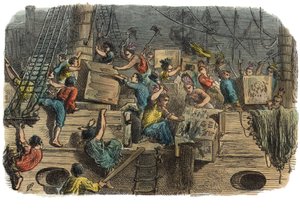 Boston Tea Party, c.1860s (gravura colorida à mão) de American School