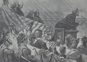 Brigham Young observado por suas muitas jovens esposas enquanto pregavam no Grande Tabernáculo Mórmon, Utah de American School