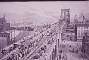 Ponte do Brooklyn logo após a cerimónia de abertura, publicada a 26 de Maio de 1883 (gravura) de American School