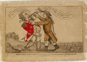 Irmão Jonathan administrando uma saudação cordial a John Bull, 1813 (gravura colorida à mão)