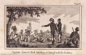 O Capitão Lewis & Clarke a fazer um Conselho com os índios, pub. 1812 (gravura) de American School