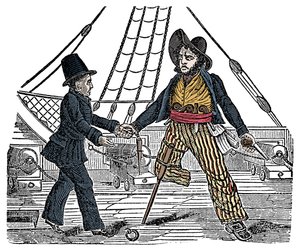 O Capitão Mackra e o pirata tem uma perna de madeira gravada no "The Pirates Own Book" do século XIX de American School