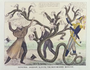 Caricatura do General Jackson (1767-1845) Matando o Monstro de Muitas Cabeças, publicado por HR Robinson, c.1836 (caneta e tinta, lápis e wc no papel) de American School