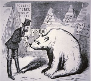 Desenho animado representando um político americano que tenta encontrar eleitores no Alasca desabitado de American School