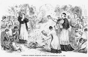 Sacerdotes católicos queimando Bíblias em Champlain, Nova York, ilustração de um panfleto anti-católica, 1842 de American School