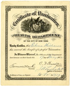 Certificado de Vacinação, Departamento de Saúde da Cidade de Nova York ..., 1882 (gravura [certificado] preenchido com tinta) de American School