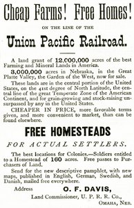 Farmácias baratas e casas grátis na linha Union Pacific Railroad, anúncio do Appletons Journal, 4 de maio de 1872 de American School