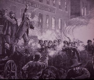Chicago Haymarket Labor Riot de 1886, gravura publicada no Harper