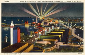 Feira Mundial de Chicago, vista nocturna a partir da plataforma de observação de Sky Ridge (litografia a cores) de American School