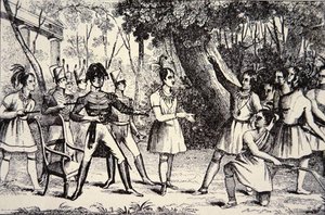 Chefe Tecumseh (1768-1813) desafiando o General Harrison (1773-1841) (gravura) de American School
