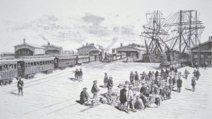 Imigrantes chineses ou "Coolies" chegando em São Francisco para trabalhar na ferrovia transcontinental durante a década de 1860 (litho) de American School