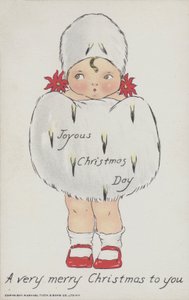 Cartão de felicitações de Natal representando uma criança com um cachecol de pele e um chapéu de Natal. (cromolitho) de American School