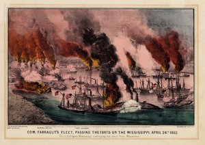 Com. Frota de Farraguts, passando os fortes no Mississippi, 24 de abril de 1862, pub. por Currier & Ives, 1862