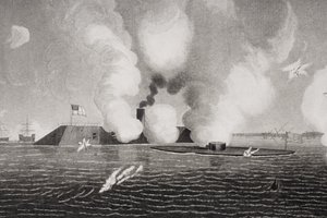 Combate entre o Confederate CSS Virginia (à esquerda) e o Union USS Monitor (à direita) em 9 de março de 1862 em Hampton Roads, Virgínia (detalhe de 254608) de American School