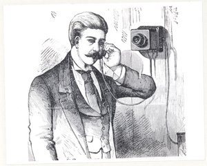 Telefone condensador em uso, do telefone elétrico de George Bartlett Prescott (n.1830), 1890 de American School