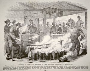 Cozinhar no acampamento - A cozinha dos Fremont Dragoons em Tipton, Missouri (gravura) de American School