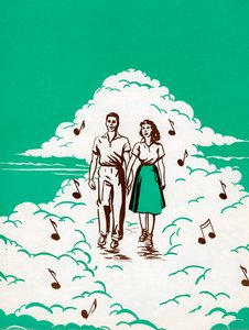 Casal a caminhar nas nuvens rodeado de notas musicais de American School