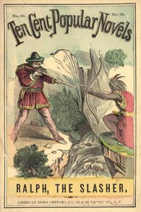 Capa do livro "Dez centavos de romances populares - Ralph, the Slasher", No. 39. American News Company. Um duelo entre índios e brancos. Sd em chamas. Início do século 20. de American School