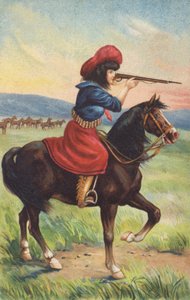 Vaqueira a cavalo apontando uma espingarda (cromolitografia) de American School